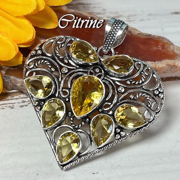 Heart Pendant Citrine Large Handmade Gemstone 924 Stamped Bohemian Sparkler New! - Picture 13 of 13